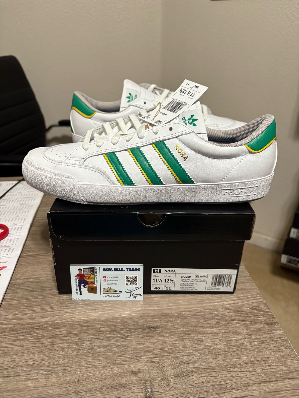 Size 11.5 mens - adidas Nora Cloud White Court Green Skate Yellow